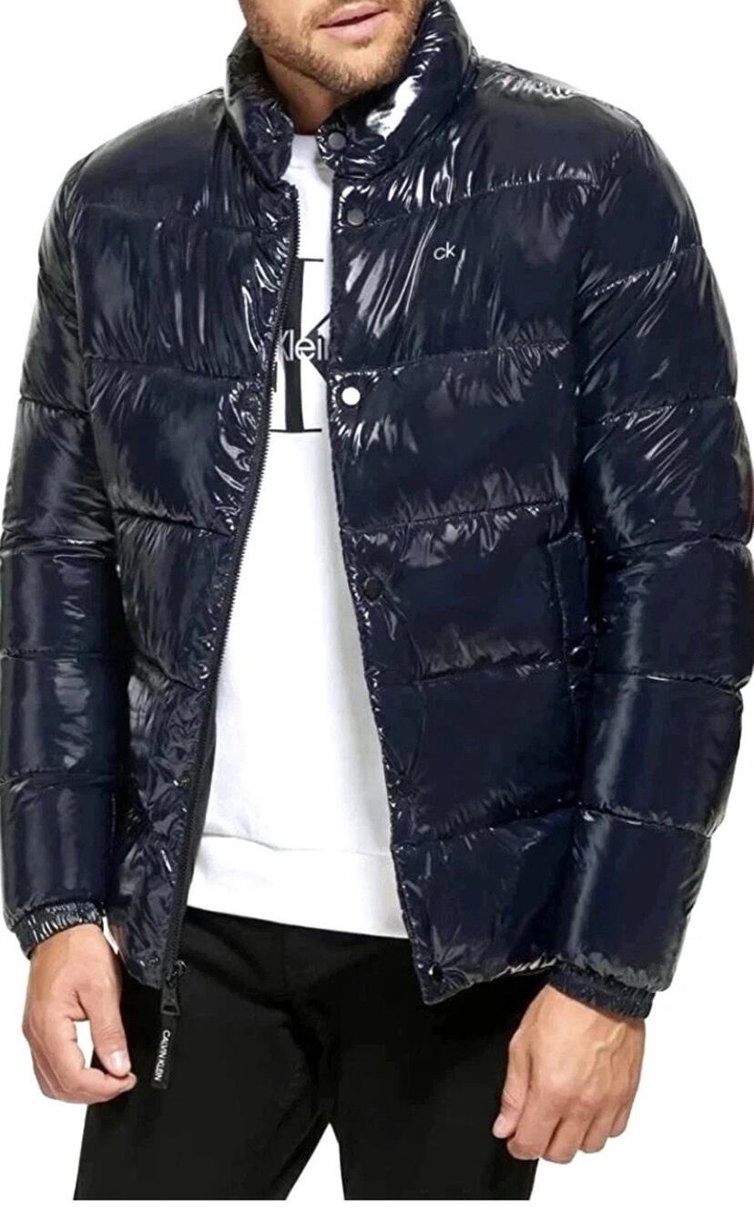 NWT Mens CALVIN KLEIN Blue Puffer Jacket CM152963 Glossy Shiny Sorona Aura Sz XL